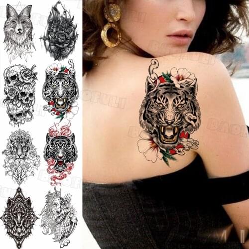 Watercolor Tiger Lily Flower Temporary Tattoos For Women Men Realistic Fake Wolf Lion Skull Animal Tattoo Sticker Washable Tatoo
