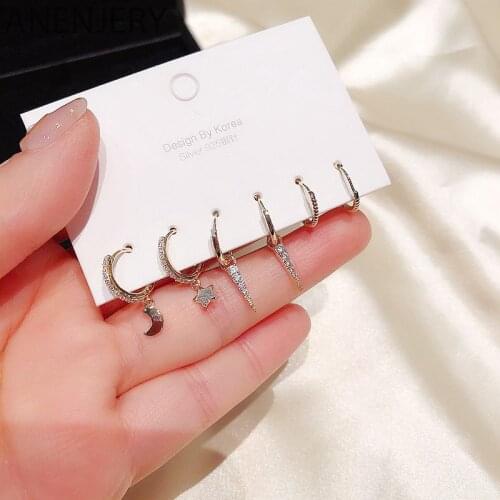 ANENJERY Personality Star Moon Geometric Earrings Set Silver Color Cubic Zircon Jewelry For Women 6-piece Set S-E1146