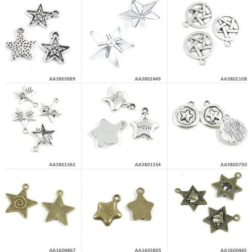 Antique Bronze Silver Plated Jewelry Making Charms Star of David Hexagonal Wish Pentagram Piece Angel Wings Pentacle