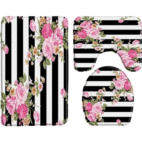 White Black Stripe Floral Rose Bathroom Bath Mat Bedroom Kitchen Non-Slip Flannel Carpet Home Toilet Lid Cover Shower Rugs
