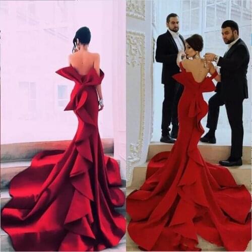 Sexy Tiered Mermaid Evening Dresses Long 2020 Strapless Backless Red Carpet Celebrity Evening Party Dress Big Bow Women Gown