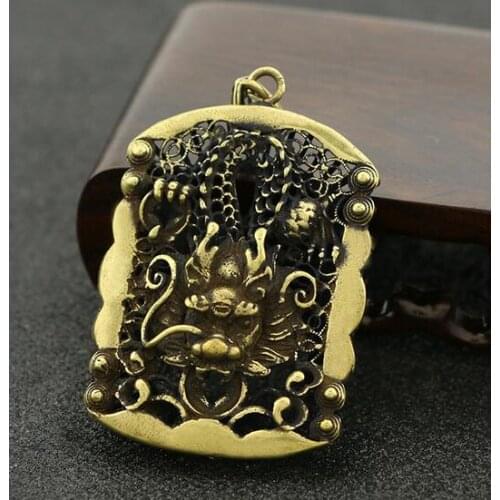 Chinese Pure Brass Carved Zodiac Animal Dragon Kings Pendant Safety Buckle Small Pendant Statue