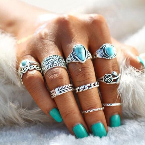 Retro Midi Rings Set Women Antique Silver Color Big Blue Stone Flowers Rings Bohemian Ring Set Jewelry Anillos 10pcs/set
