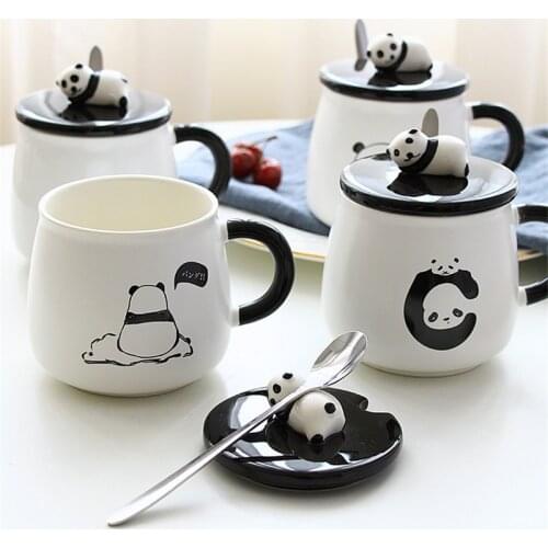 Cute Panda Mugs Cup Ceramic Personality Milk Mug with Lid Spoon Office Coffee Tumbler Creative Breakfast Cartoon Mugs Xmas Gifts