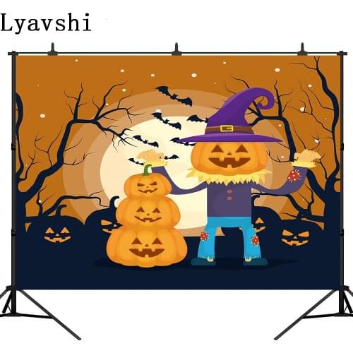 Lyavshi Halloween boy with scarecrow pumpkins costume for halloween party vector illustration photography studio background