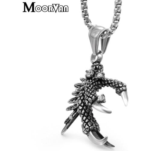 Moorvan Exaggerated Style Horror Paw Pendant Necklace with Rhinestone Mens Stainless Steel Jewel Party Dinner Decoration VP476