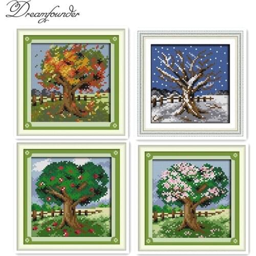 Four Seasons Trees cross stitch kit aida 14ct 11ct count printed canvas stitches embroidery DIY handmade needlework