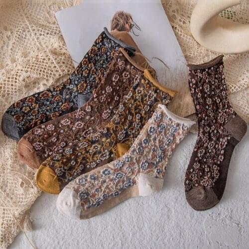 Vintage Womens Floral Medium Tube Socks National Style Spring Autumn Cotton Curled Edge Pleated Ladies Flowers Casual Long Sox