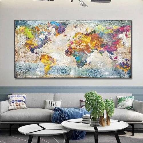 Retro World Map Posters and Prints Golden Wall Art Canvas Paintings Pictures for Living Room Decoration Modern Home Decor Print