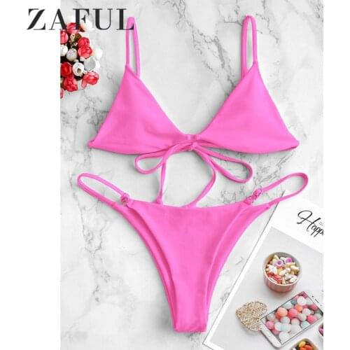 ZAFUL Sexy Cami String Bikinis Set Solid Tie Low Waist Swimwear Padded Triangle Biquini 2 Pieces Swimsuit Female Summer Beach