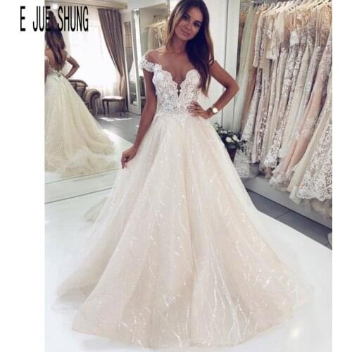 E JUE SHUNG Blush Pink Princess Wedding Dress Lace Appliques Scoop Neck Sleeveless Open Back Bridal Dresses Vestido De Noiva