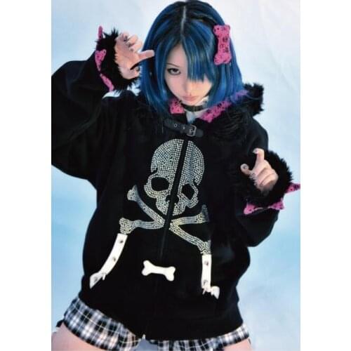 Gothic Punk Girls skull Print Winter Black Zipper Hoodies Long Sleeve Pink Leopard Ear Hooded Sweatshirt Japan Casual Pullover