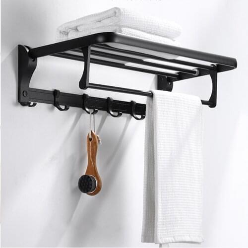 40cm/60cm Towel Rack Matte Black Holder Aluminum Wall Mounted Folding Locker Organizer BathRoom Storage Shelf Hook Accessories