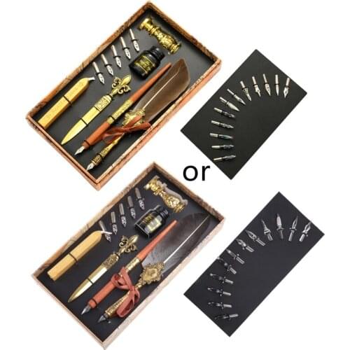 Vintage Quill Feather Dip Pen Fountain Writing Ink 5 Nibs Seal Wax Gift Box Calligraphy Stationery