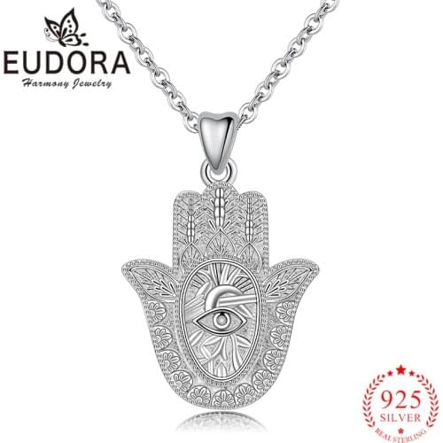Eudora Authentic 925 Sterling Silver Hamsa Hand Pendant Necklaces Fashion Jewelry for Women Girls Anniversary Gift High Quality