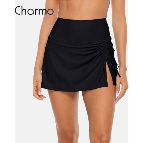 Charmo Womens High Waisted Split Swim Skirt Sporty Drawstring Skirted Swim Bottom with Built-in Panty