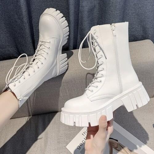 Winter Shoes Woman Platform Boots 2021 Autumn Lace-Up Zip Motorcycle Boots Women Wedge Chunky Heels Women Shoes Mid-Calf Boot