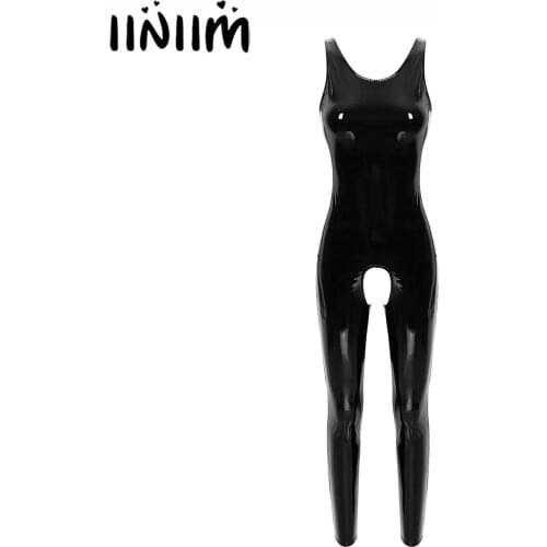 Womens Ladies Latex Leather Open Crotch Rubber Sissy Bodystocking Crotchless Jumpsuit for Evening Parties Clubwear Costumes
