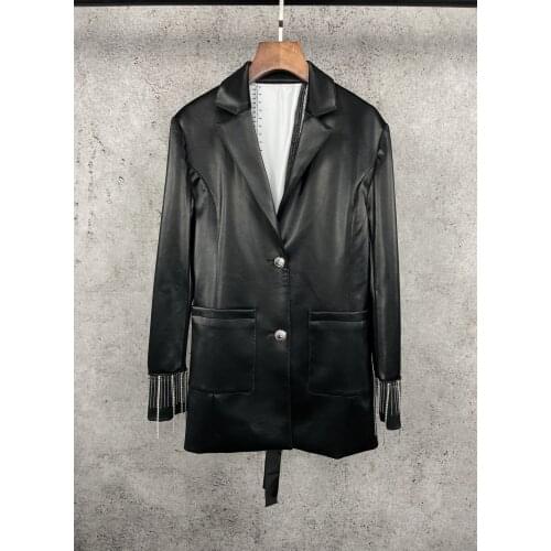 High 2021 New Ladies Quality Fashion Long Sleeve Lapel Solid Color Crystal Diamond Back Split Leather Suit 0108