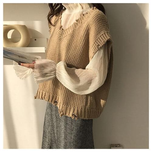 Women 2020 Autumn Japanese Style V-neck Knitted Vests Female Casual Loose Sweater Vest Ladies Solid Sleeveless Pullovers Z108