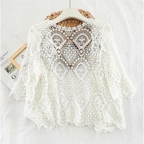 Korean tops Knitted Women Bohemian Style Midi Sleeve Lace Open Cardigan Short Knitting Outwear Hollow Out Sweater Tops PZ203
