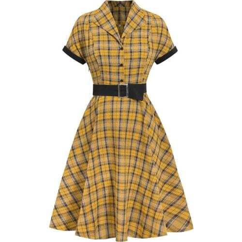 Women Turn-down Collar Yellow Plaid Dress Shirt Collar Office Work Button Up High Waist Belted A Line Vintage Dress