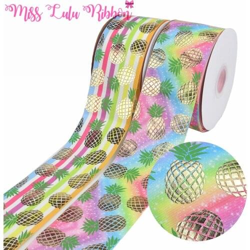3 "75mm Fruit Series Gold Pineapple Print Stripe / Gradient Gold Foil Ribbon DIY Gift Decoration Size 50 / Roll