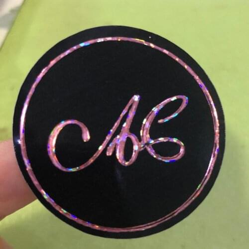 4.5cm Waterproof Custom rose gold small dots Holographic foil Sticker Label with black background