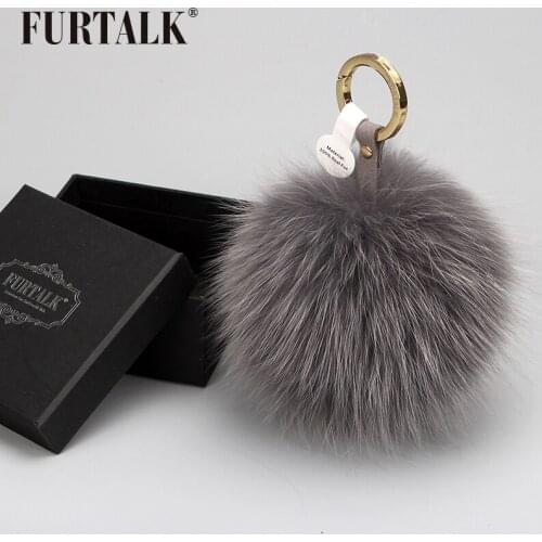 FURTALK real fox fur keychain pom pom black white pink fur pompom keychain for car bag women girls Winter Accessories