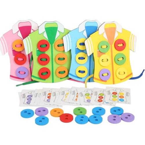 Montessori Wooden Toys Clothes Wear Button Toys Early Childhood Education Thread Sewing Button Board Game Hand-eye Coordination