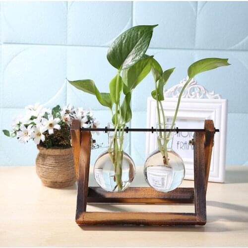 Hydroponic Plant Vases Vintage Flower Pot Transparent Vase Wooden Frame Glass Tabletop Plants Home Bonsai Decoration