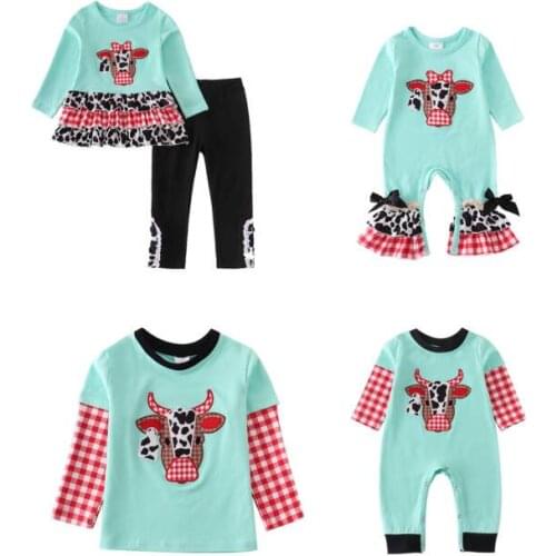 Girlymax Baby Girls Boys Mint Embroidery Cow Print Plaid T-shirt Romper Ruffles Pants Set Cotton Family Look Kids Clothing