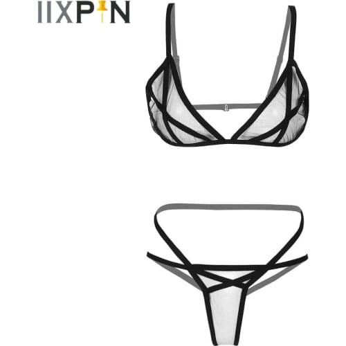 Women Erotic Lingerie Set See-Through Mesh Strappy Underwear Sleepwear Wireless Unlined Bras with G-string Panties Underpants