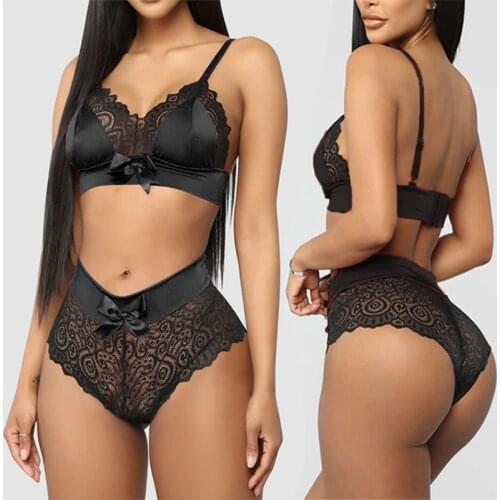 Lace Open Bra & Briefs Set Women Hot Erotic Intimates Sexy Lingerie Set Black Satin Bow Thong Seamless Underwear Push Up Bra Set