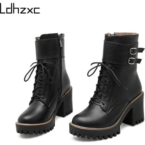 LDHZXC Punk Style Platform Heel Womens Ankle Boots Chunky Motorcycle Boots for Women Pu Leather Black Gray Shoes Big Size