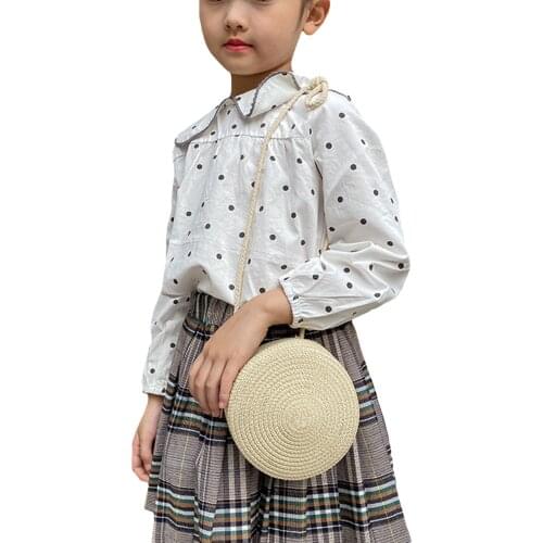 Summer Girls Kids Crossbody Bag with Zipper Closure Solid Color Straw Weave Round Shape Shoulder Bag