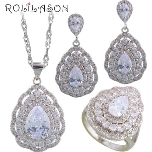 ROLILASON White Zircon Water drop Silver filled 925 stamped Wedding Jewelry Sets Earrings Necklace rings JS703