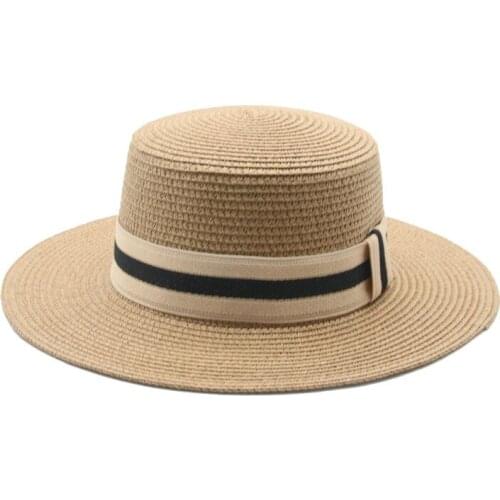 Hats for Women Straw Flat Top Solid Belt Band Striped Sun Hats Camel Khaki Black Casual Beach Straw Sun Hat Sombreros De Mujer