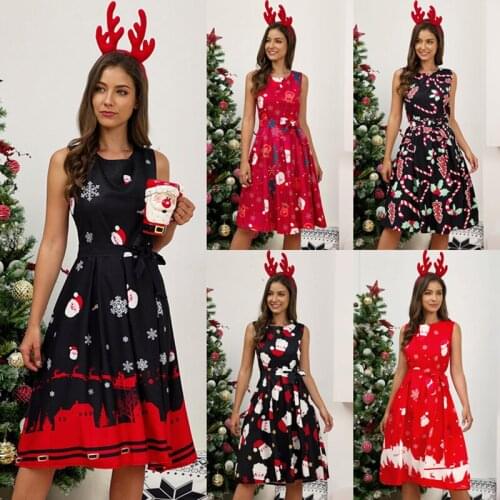 Women Christmas Day Sowman Tree Print Sleeveless O-Neck Lace Up Sashes Tank Dress Autumn Casual Slim High Waist Party Vestidos