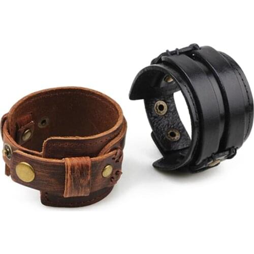 Popular Men or Women Retro Leather Cuff Bracelet with Adjustable Clasp Wide Bracelets Jewelry