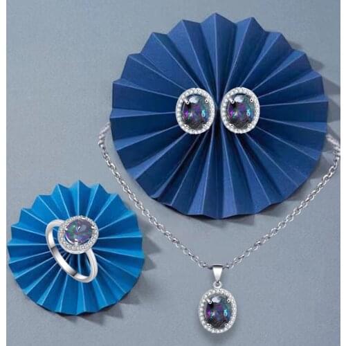 ROLILASON Classic Rainbow Zircon Earrings / Necklace / Ring / Jewelry Set Christmas Gift for Women JS781