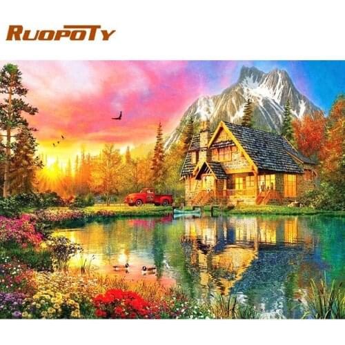 RUOPOTY Framed Painting By Numbers Kits For Adults River House On Snow Mountain Diy Oil Paints Bedoom Home Decor Artcrafts