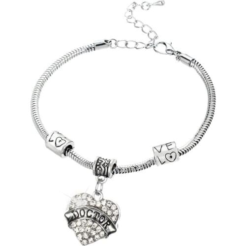 Rhinestone Engrave Doctor Charm Bracelet Love Heart Crystal Chain Bangle Women Gifts Baby Sister Women Medical Doctor Jewelry