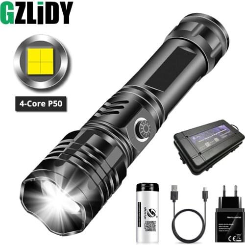 Super Bright 4 Core LED Flashlight USB Rechargeable Torch Zoom Waterproof Camping Light 5 Modes Powerful 18650 Fishing Lantern