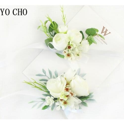 Wedding Wrist Corsage Bracelet Flowers Boutonniere Artificial Tea Roses Pins White Groom Buttonhole Marriage Men Accessories