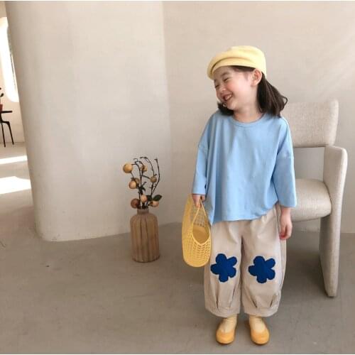 Japan style cute blue flower casual trousers for girls Spring cotton loose pants 2-7Y
