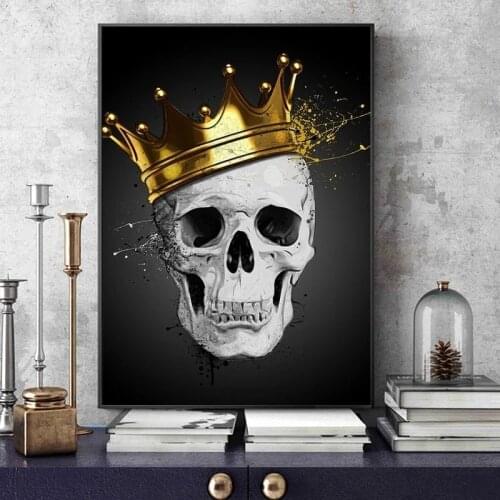 Vintage Abstract White Skull with Gold Crown Poster and Prints Canvas Painting Wall Art Picture Living Room Decoration Frameless