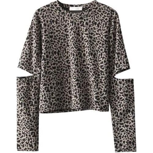 Leopard Print Women T Shirt 2020 Spring Autumn Girls Crop Top Tee Long Sleeve Hole Sexy Streetwear Tshirt Korean Style Clothes