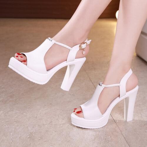 Plus Size 32-43 Block Heel Platform Sandals Women Wedding Shoes Summer 2020 T Strap High Heels Sandals Ladies OL Office Shoe