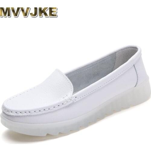 MVVJKEwomen flats Shoes platform sneakers Genuine leather shoes women slip on flats casual creepers shoes White Soft nurse